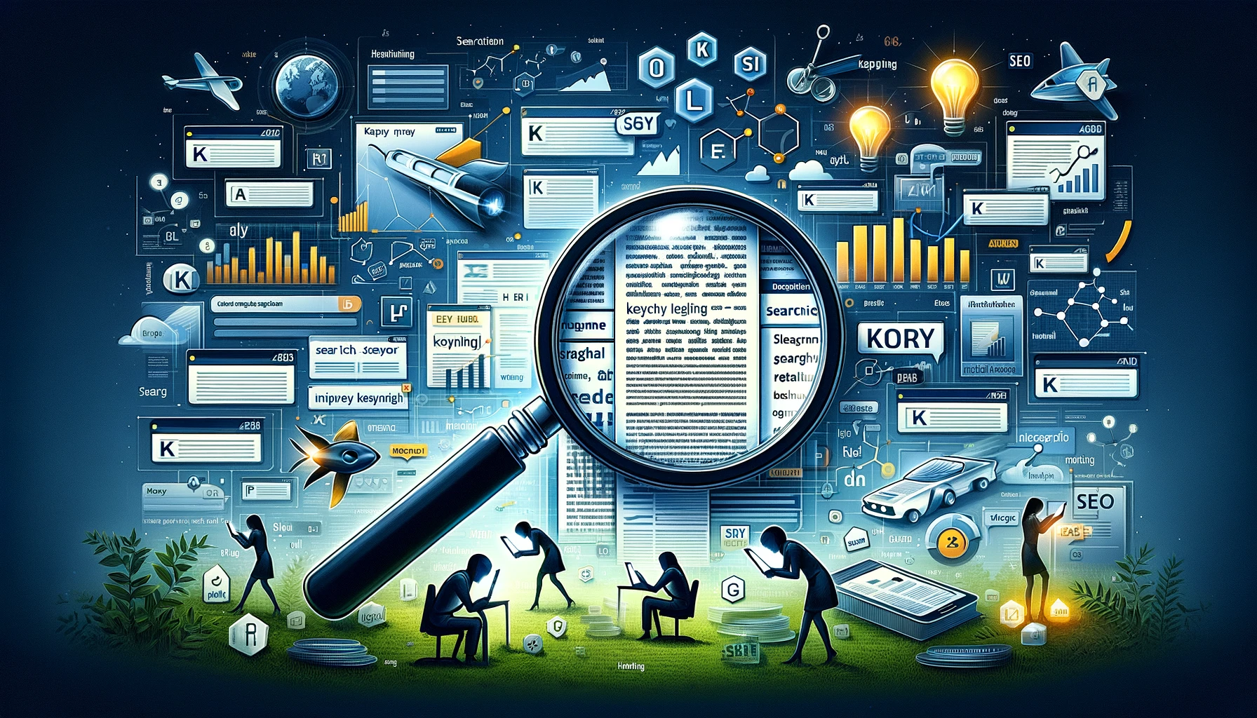 Illustration showcasing Keyword Selection Strategies, with a magnifying glass highlighting a list of keywords, surrounded by users conducting searches on various devices, and charts depicting keyword performance.