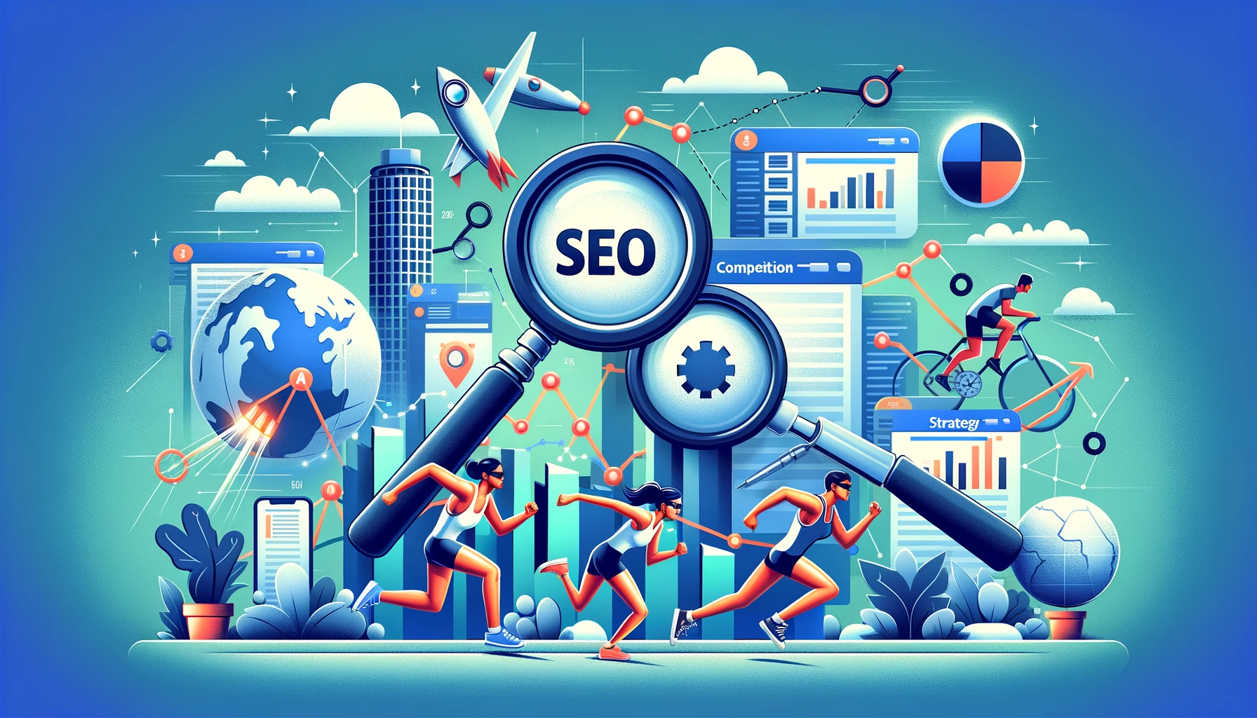 Illustration of Competitive Keyword Analysis, depicting magnifying glasses on keywords, a digital competition landscape, graphs of keyword performance, and SEO tools, emphasizing the strategic analysis for SEO success.