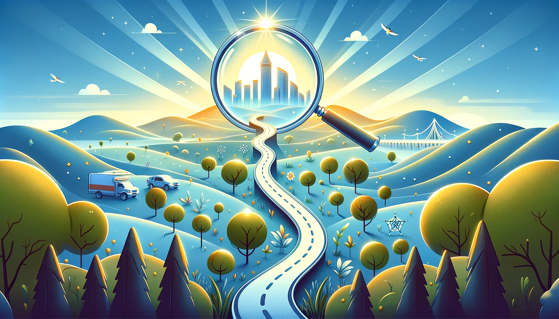 Illustrative concept of Long Tail Keyword Strategy with a magnifying glass honing in on a specific path within a diverse landscape, symbolizing niche market targeting.