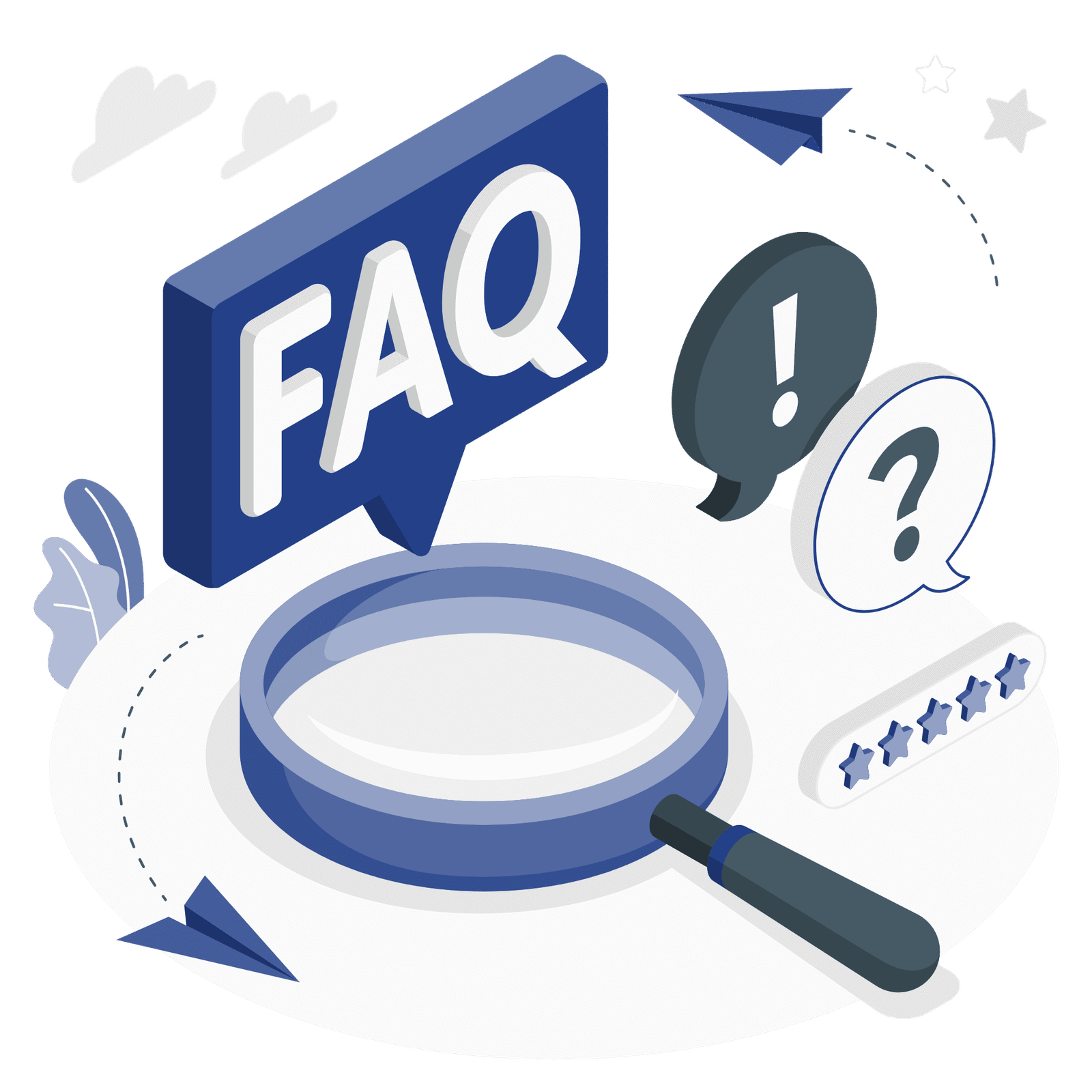 Illustration for the FAQs section of Viral Traffic Booster featuring a person with question marks
